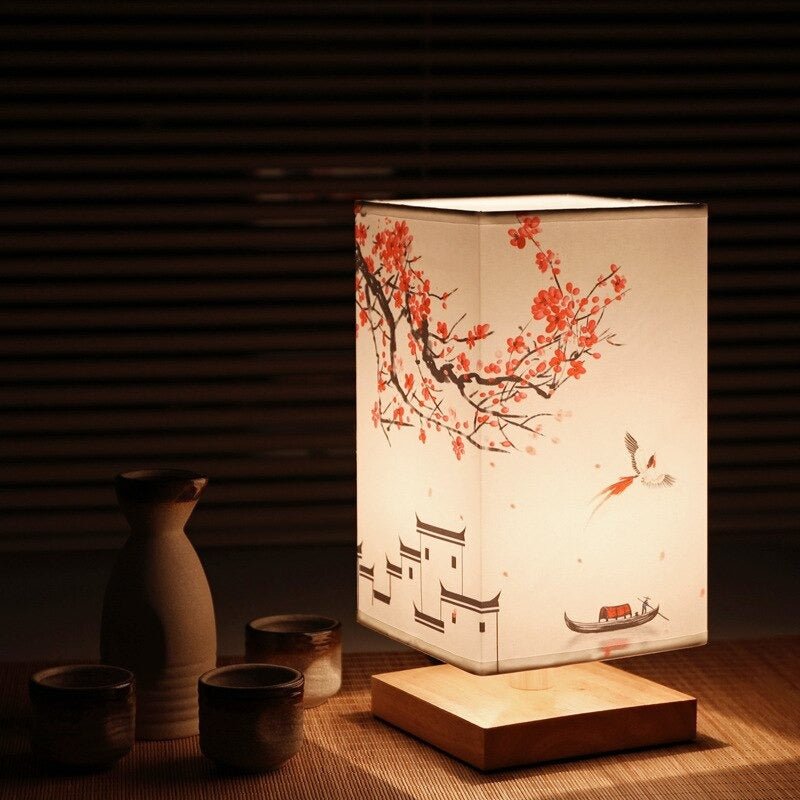 Lampe de chevet japonaise motif Fleur Rouge