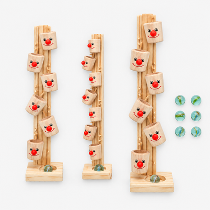 Ensemble complet des trois tours du circuit à billes en bois avec les billes en bois