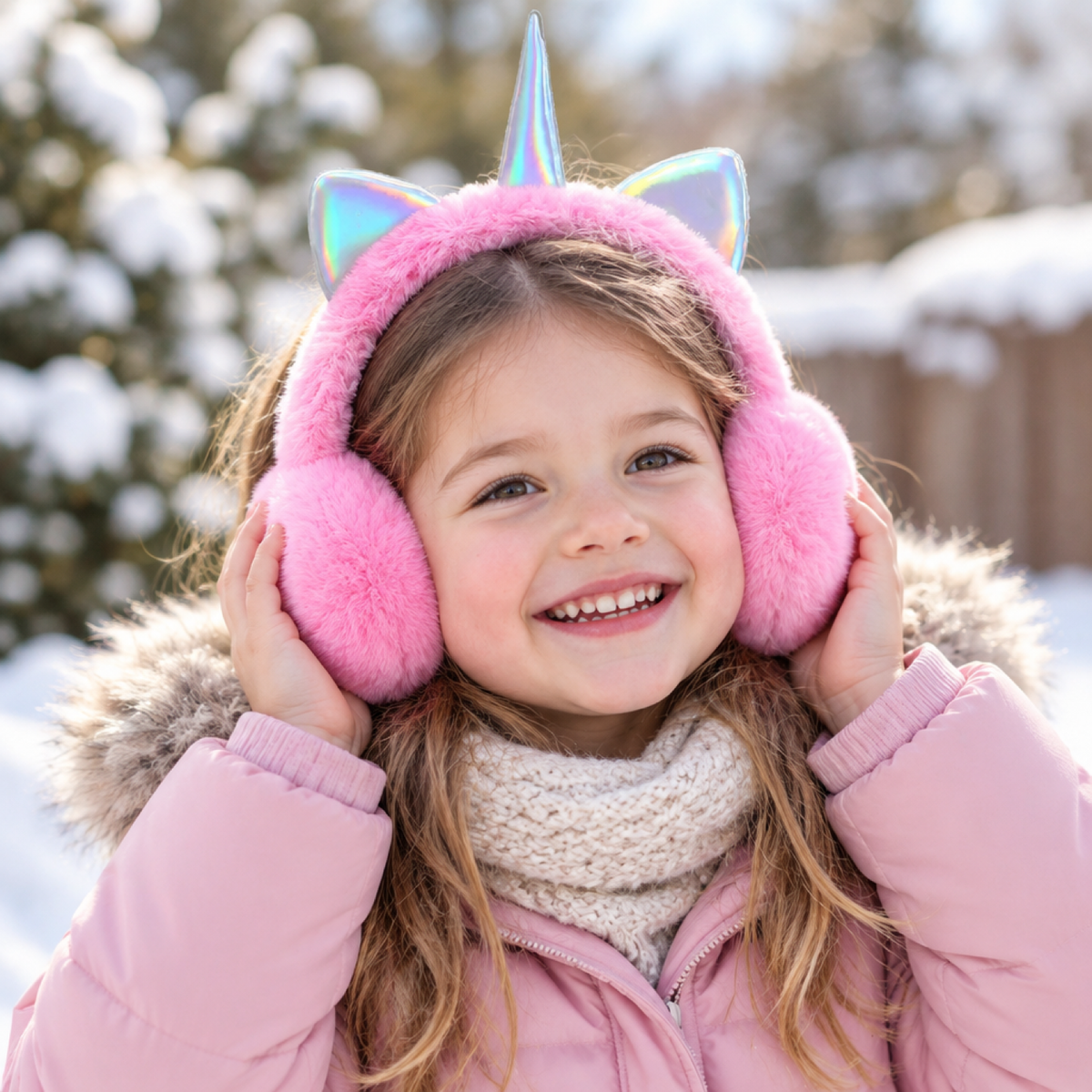 Jeune enfant portant des cache-oreilles licorne en peluche rose en extérieur en hiver