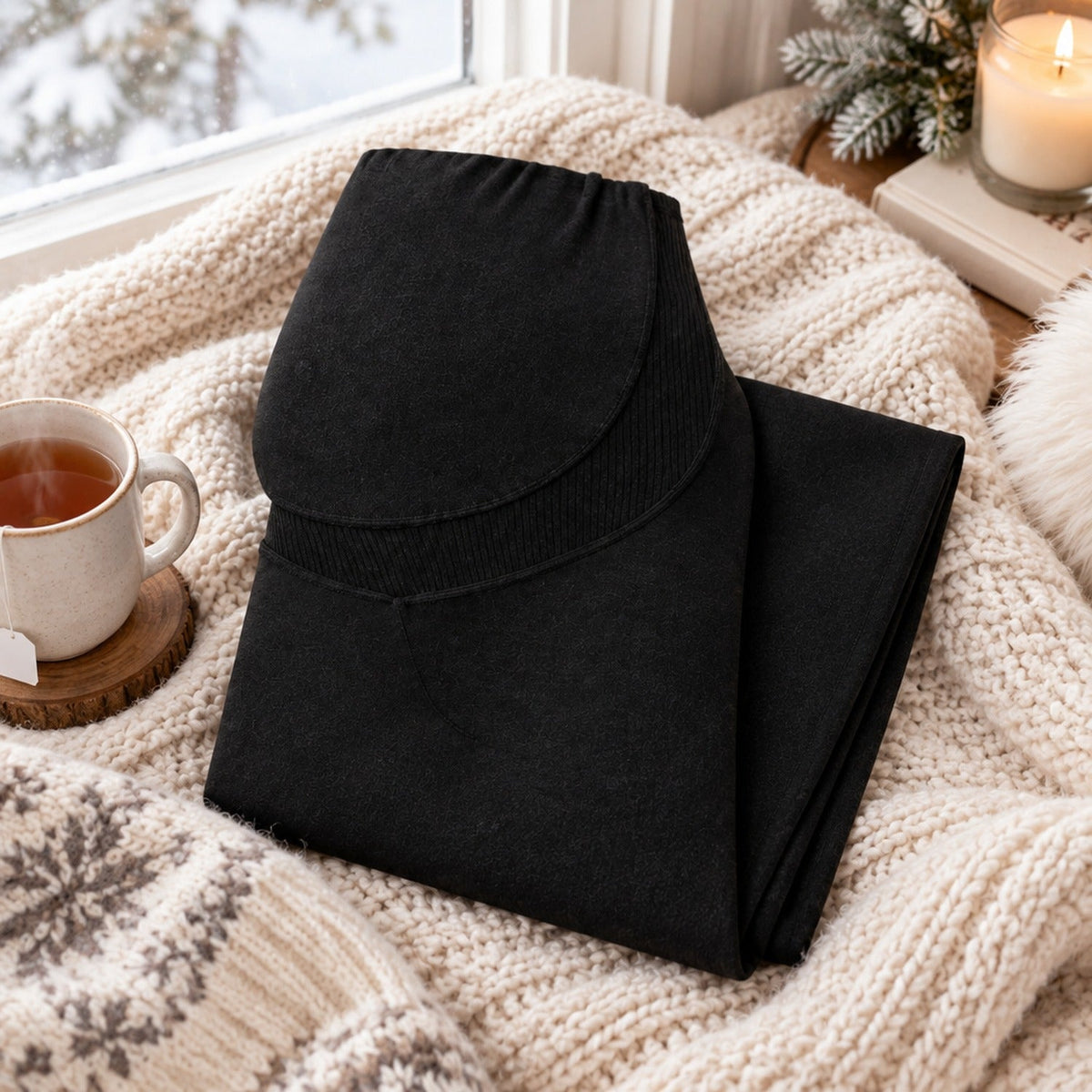 Femme enceinte portant un legging maternité thermique en velours confortable, installée à l'intérieur par une journée d'hiver