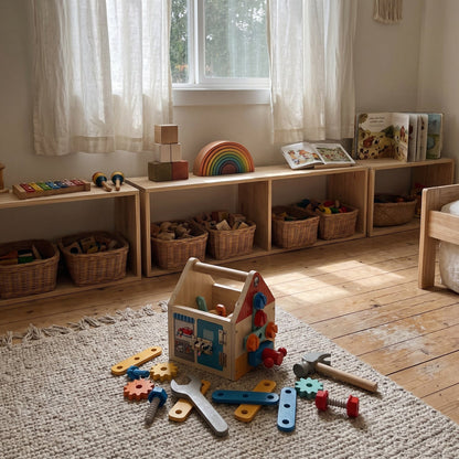 Enfant vissant et tournant les pièces en bois de l'atelier