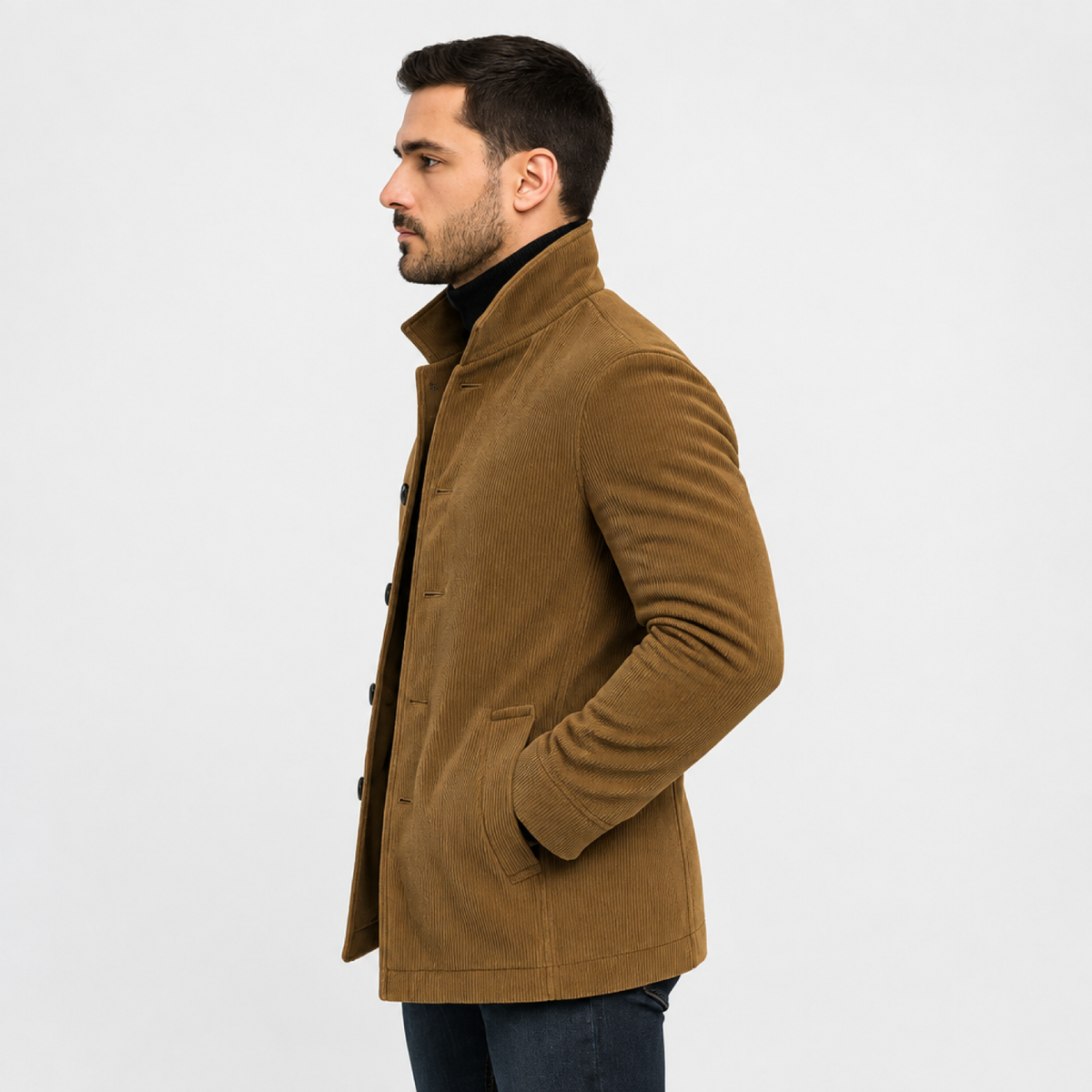 Manteau homme élégant col montant - détail des manches