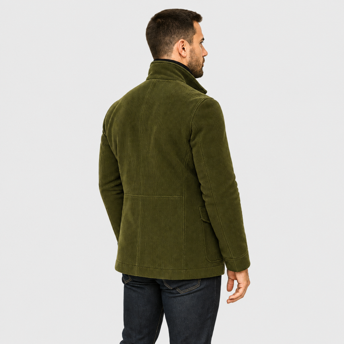 Manteau homme élégant col montant - détail du tissu structuré