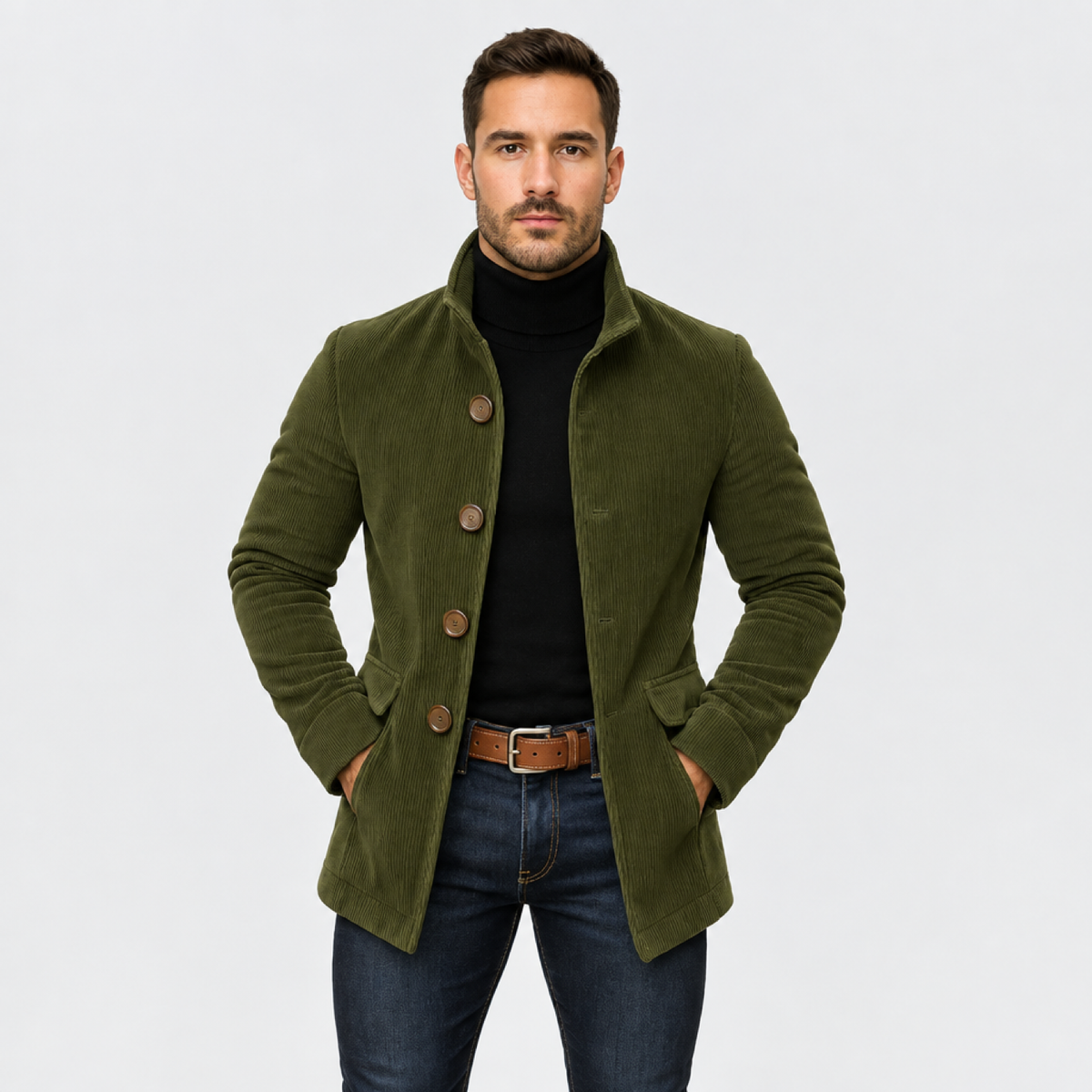 Manteau homme élégant col montant - coloris vert, vue avant
