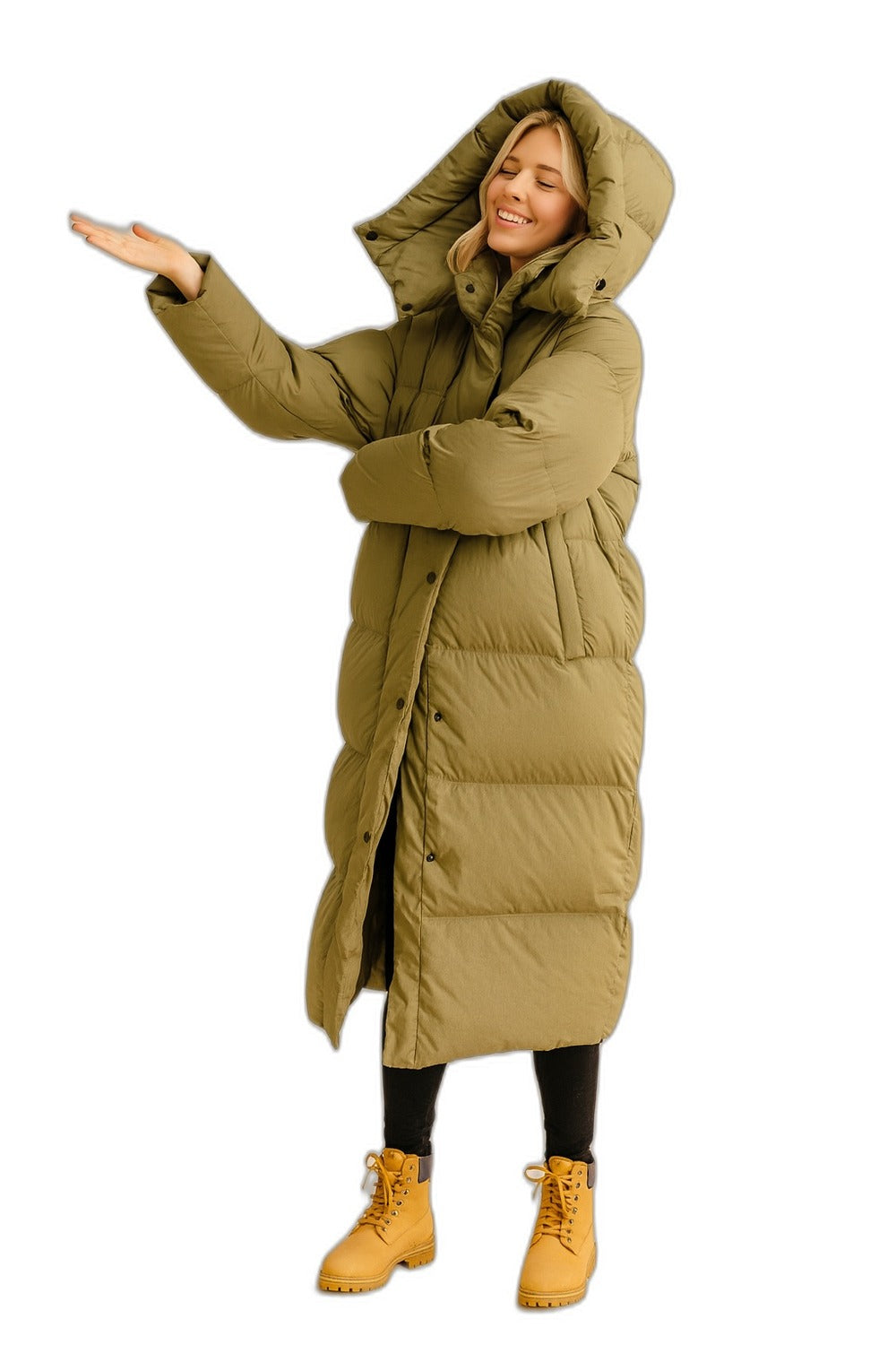 Manteau d'hiver long avec capuchon, vue de face porté