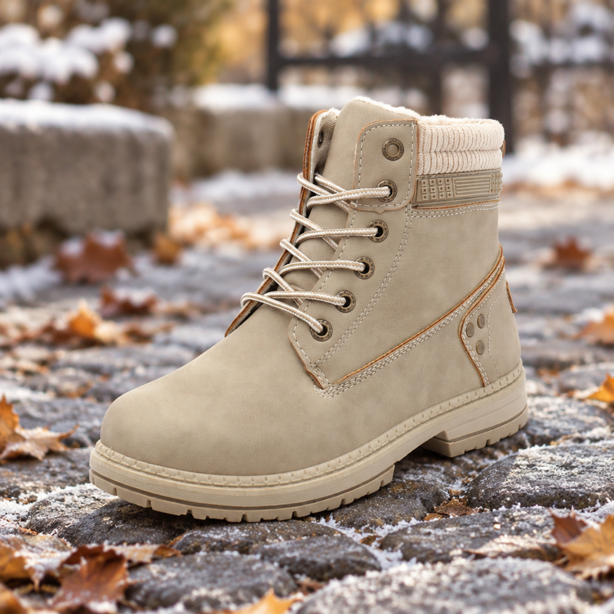 Botte d’hiver femme beige portée en extérieur sur pavés givrés et feuilles d’automne
