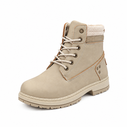 Botte d’hiver femme beige fourrée à lacets, vue de profil avec col tricoté et semelle crantée