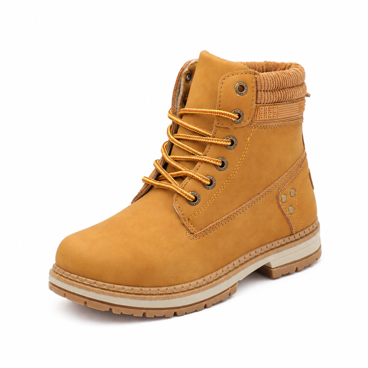 Botte d’hiver femme camel fourrée à lacets, col tricoté et petit talon bloc