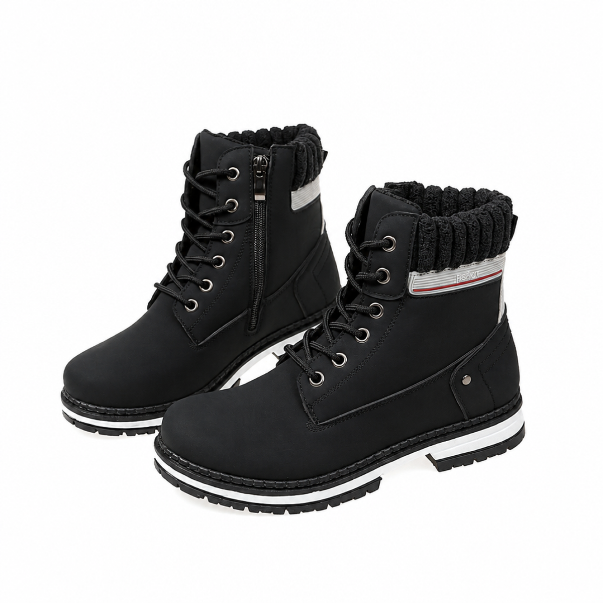 Paire de bottes d’hiver femme noires à lacets, zip latéral intérieur et col tricoté rembourré