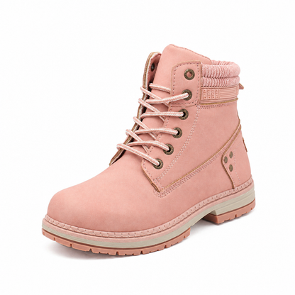 Botte d’hiver femme rose poudré fourrée à lacets avec semelle antidérapante