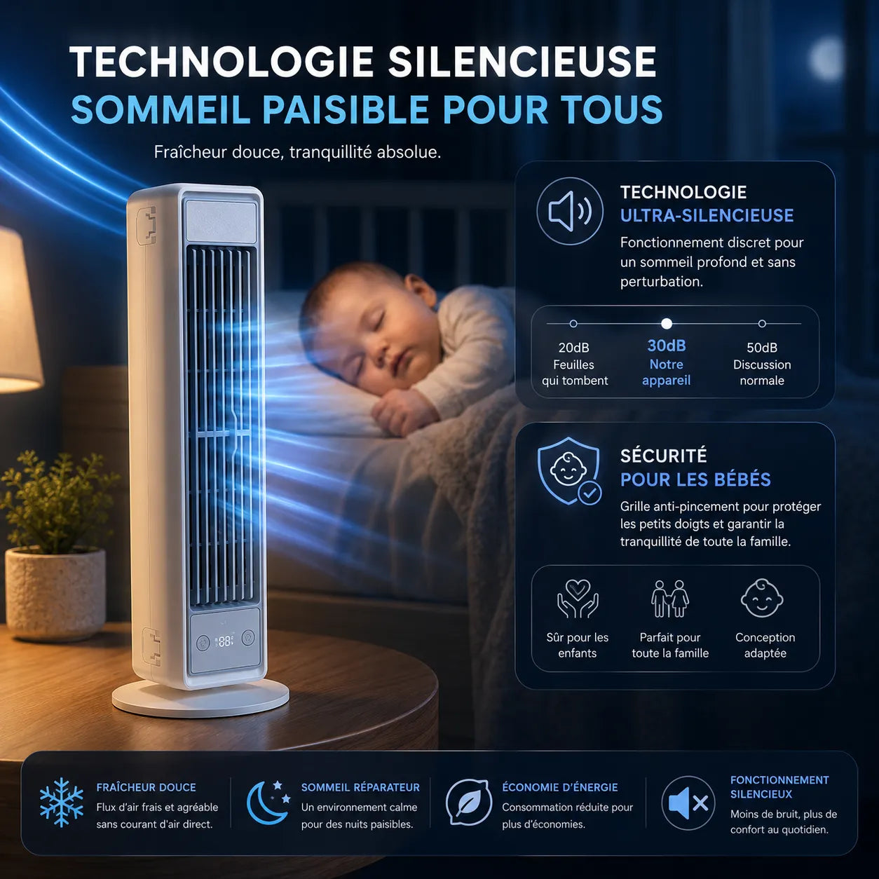 Climatiseur Mobile Sans Évacuation – Tour Sans Pales, Silencieux