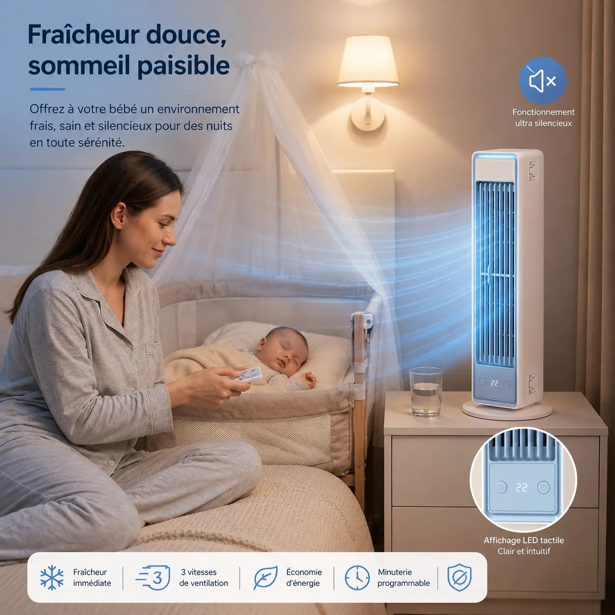 Climatiseur Mobile Sans Évacuation – Tour Sans Pales, Silencieux