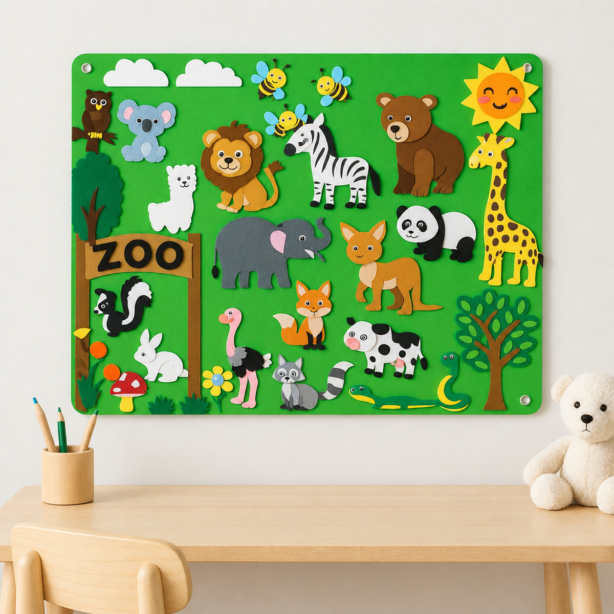 Tableau en feutrine enfant, thème Ferme avec animaux et décors