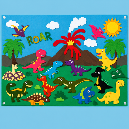 Tableau en feutrine enfant, thème Dinosaures avec pièces colorées
