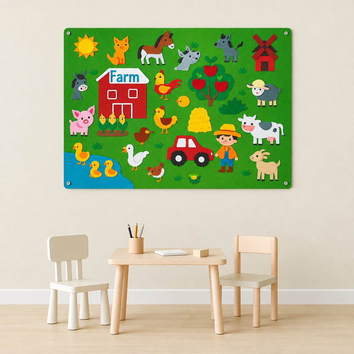 Décor de classe pastel avec le tableau en feutrine Ferme