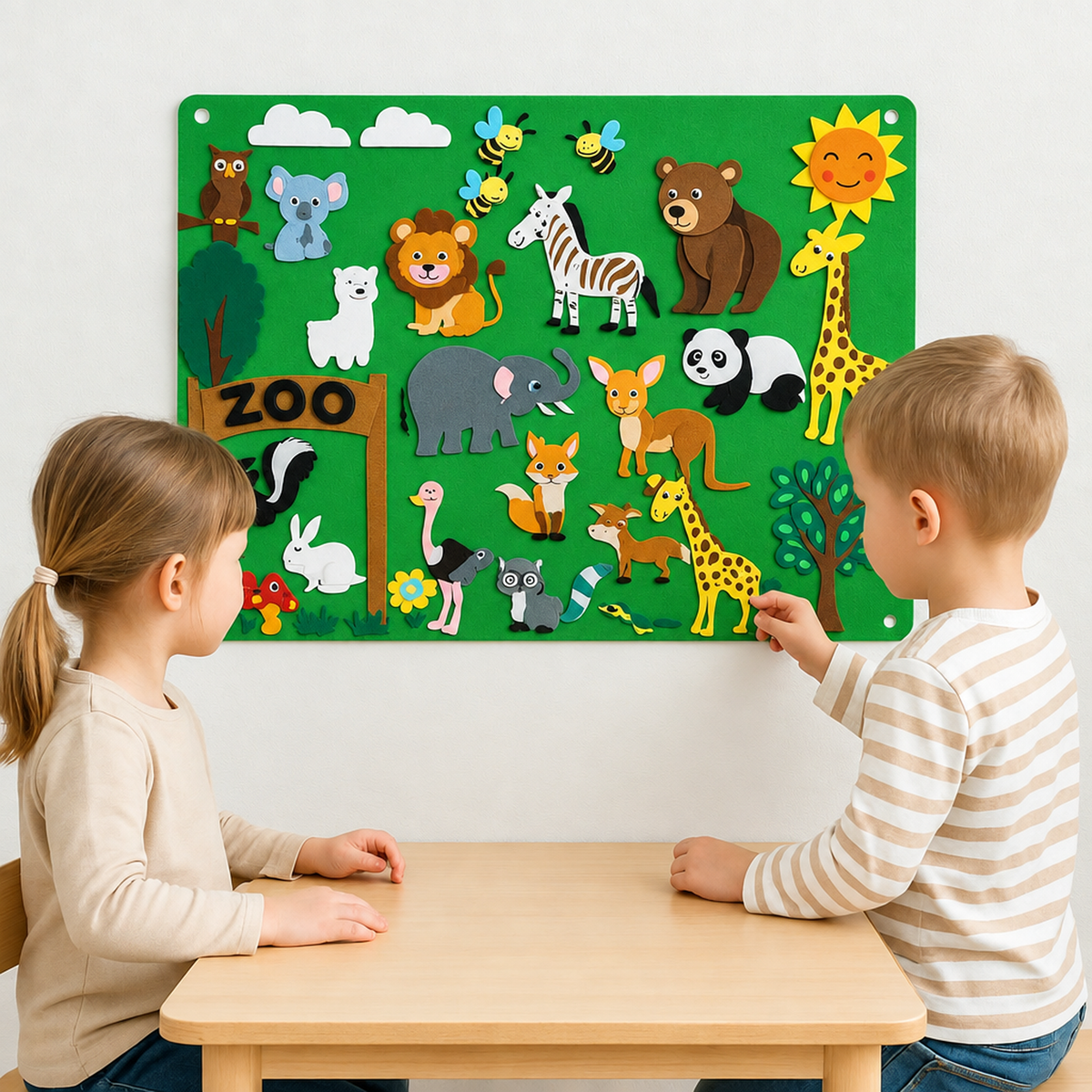 Activité en classe autour du tableau en feutrine Zoo avec une enseignante