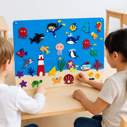 Activité en classe autour du tableau en feutrine Monde sous-marin