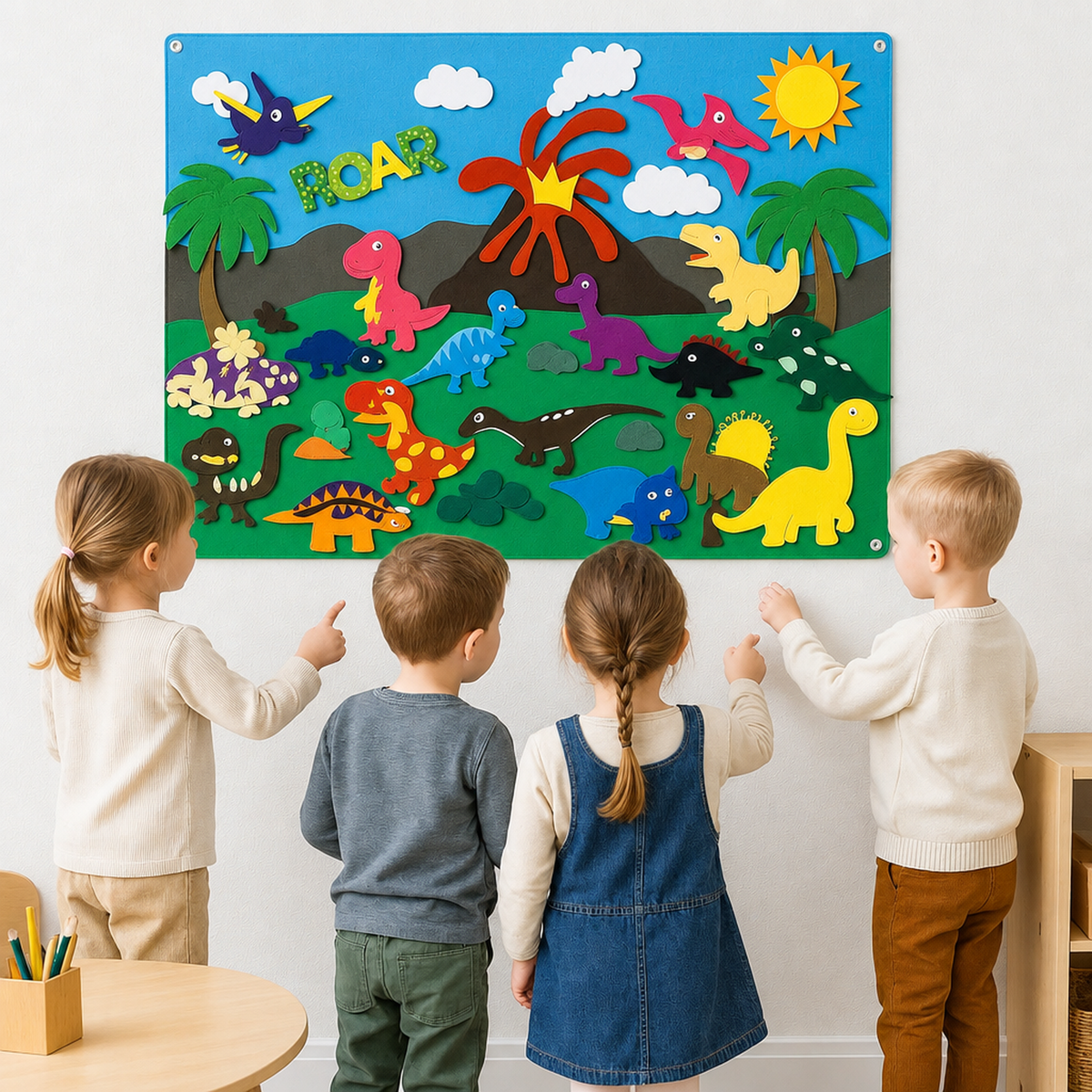 Tableau en feutrine Dinosaures installé en classe
