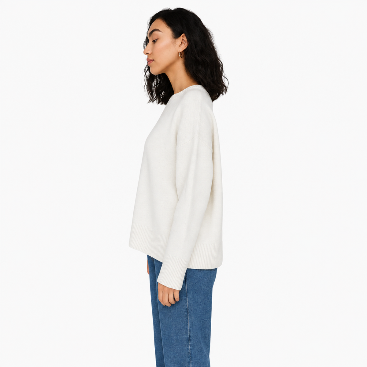Pull Oversize Femme Col Rond Maille Unie blanc - vue de côté - Melvoire