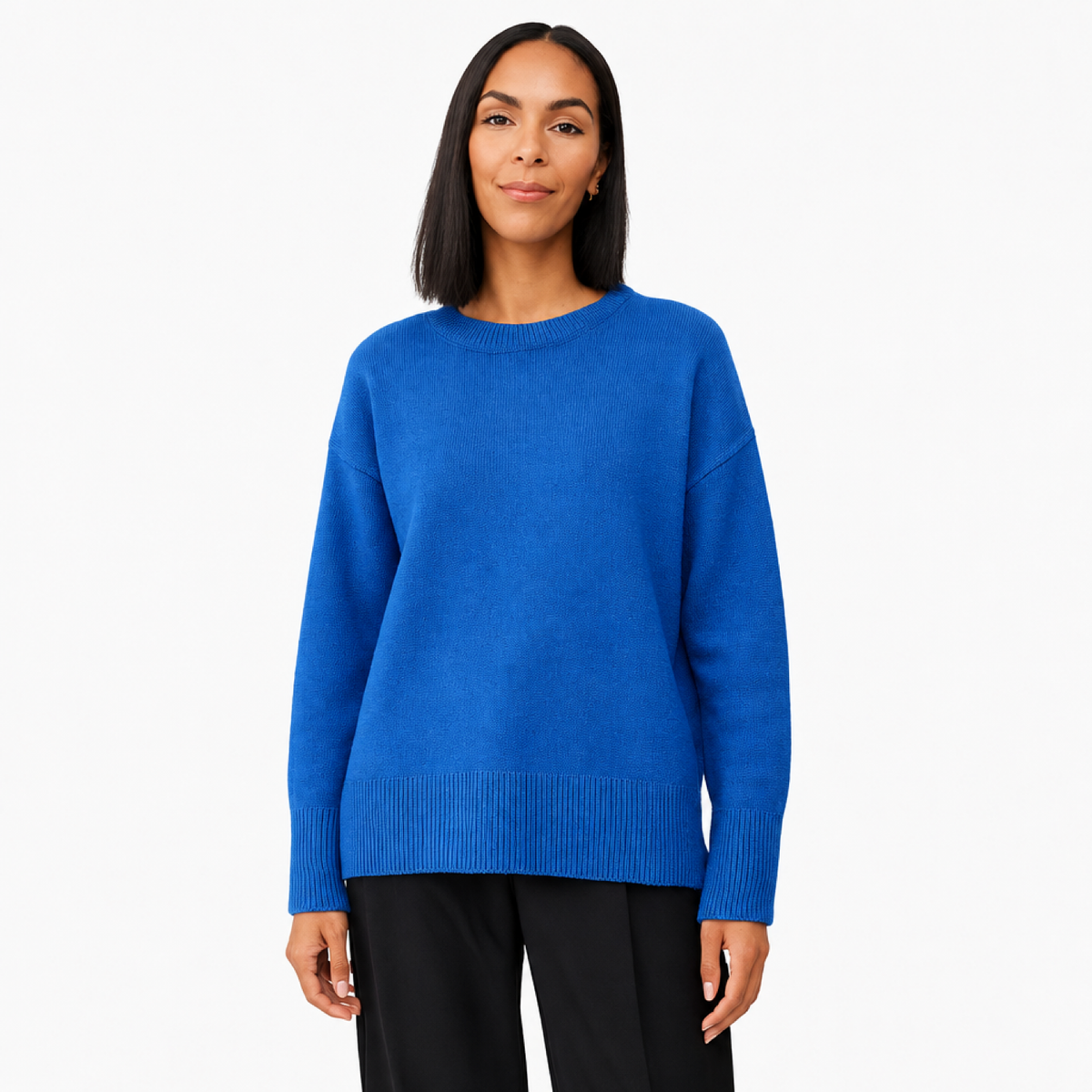 Pull Oversize Femme Col Rond Maille Unie bleu - vue de face - Melvoire