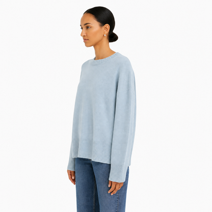 Pull Oversize Femme Col Rond Maille Unie bleu clair - vue de côté - Melvoire