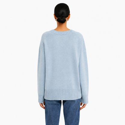 Pull Oversize Femme Col Rond Maille Unie bleu clair - vue de dos - Melvoire