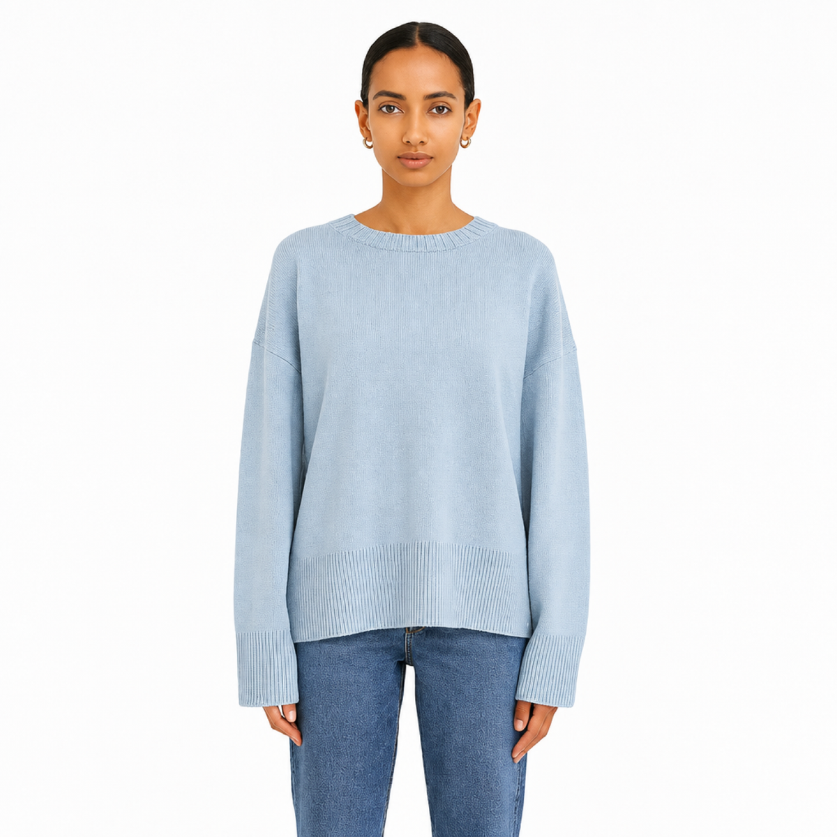 Pull Oversize Femme Col Rond Maille Unie bleu clair - vue de face - Melvoire
