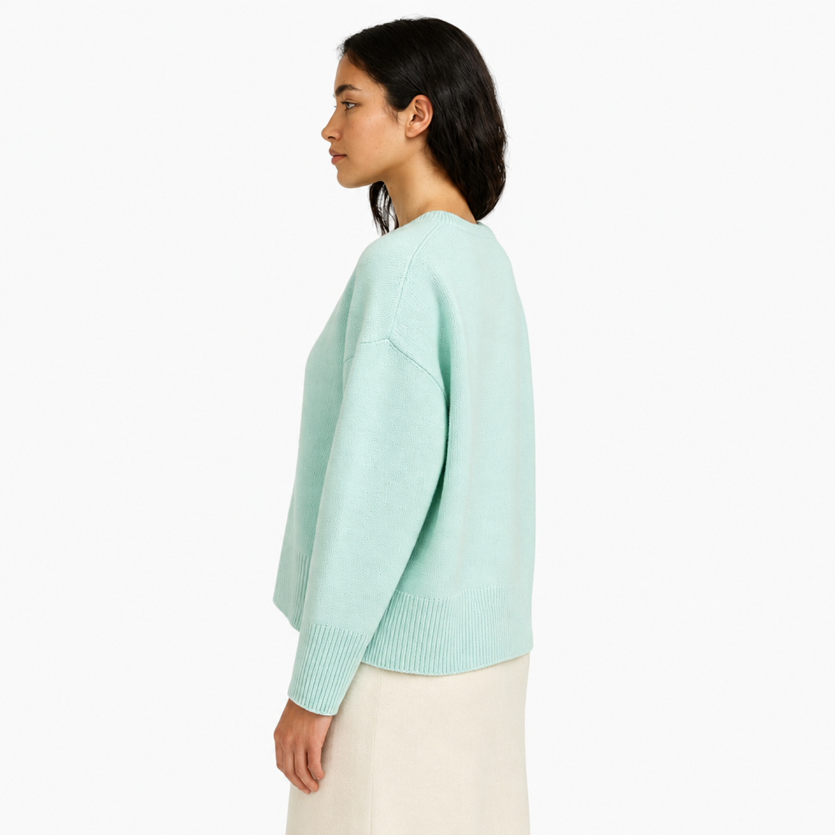 Pull Oversize Femme Col Rond Maille Unie vert menthe - vue de côté - Melvoire
