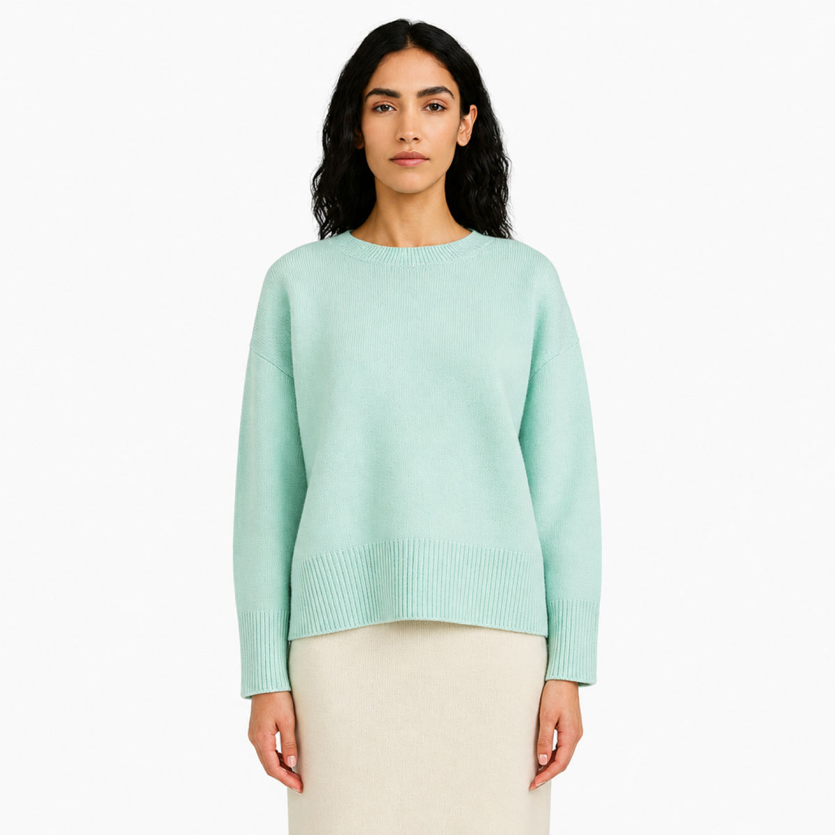 Pull Oversize Femme Col Rond Maille Unie vert menthe - vue de face - Melvoire