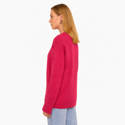 Pull Oversize Femme Col Rond Maille Unie rose fuchsia - vue de côté - Melvoire