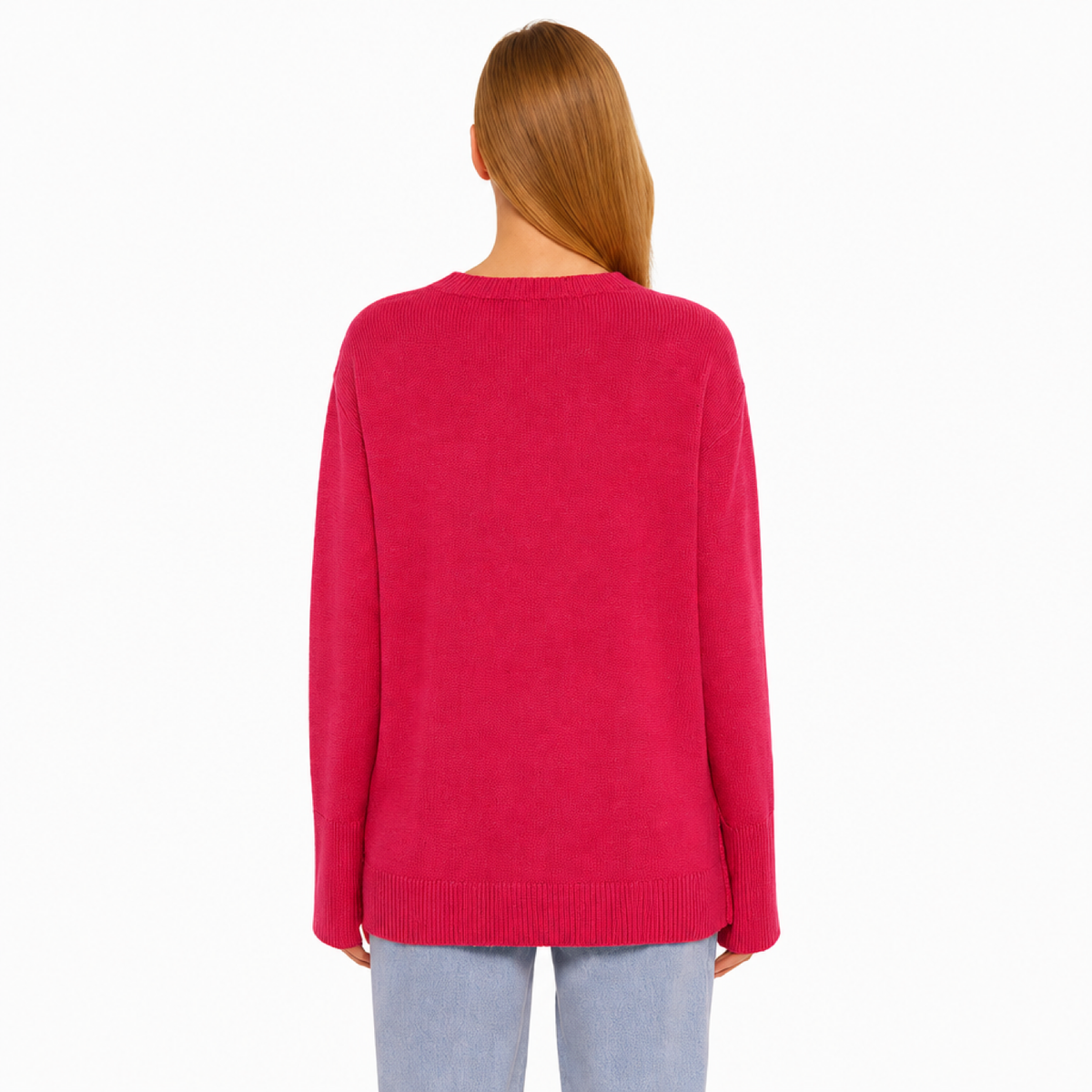 Pull Oversize Femme Col Rond Maille Unie rose fuchsia - vue de dos - Melvoire