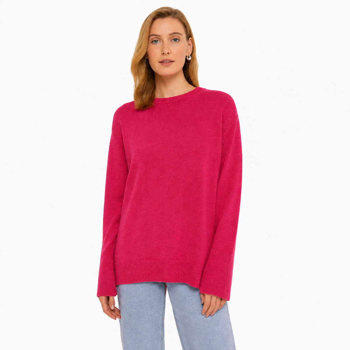 Pull Oversize Femme Col Rond Maille Unie rose fuchsia - vue de face - Melvoire