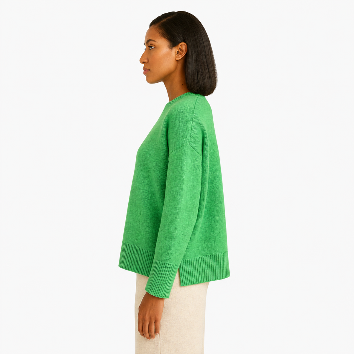 Pull Oversize Femme Col Rond Maille Unie vert - vue de côté - Melvoire