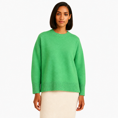 Pull Oversize Femme Col Rond Maille Unie vert - vue de face - Melvoire