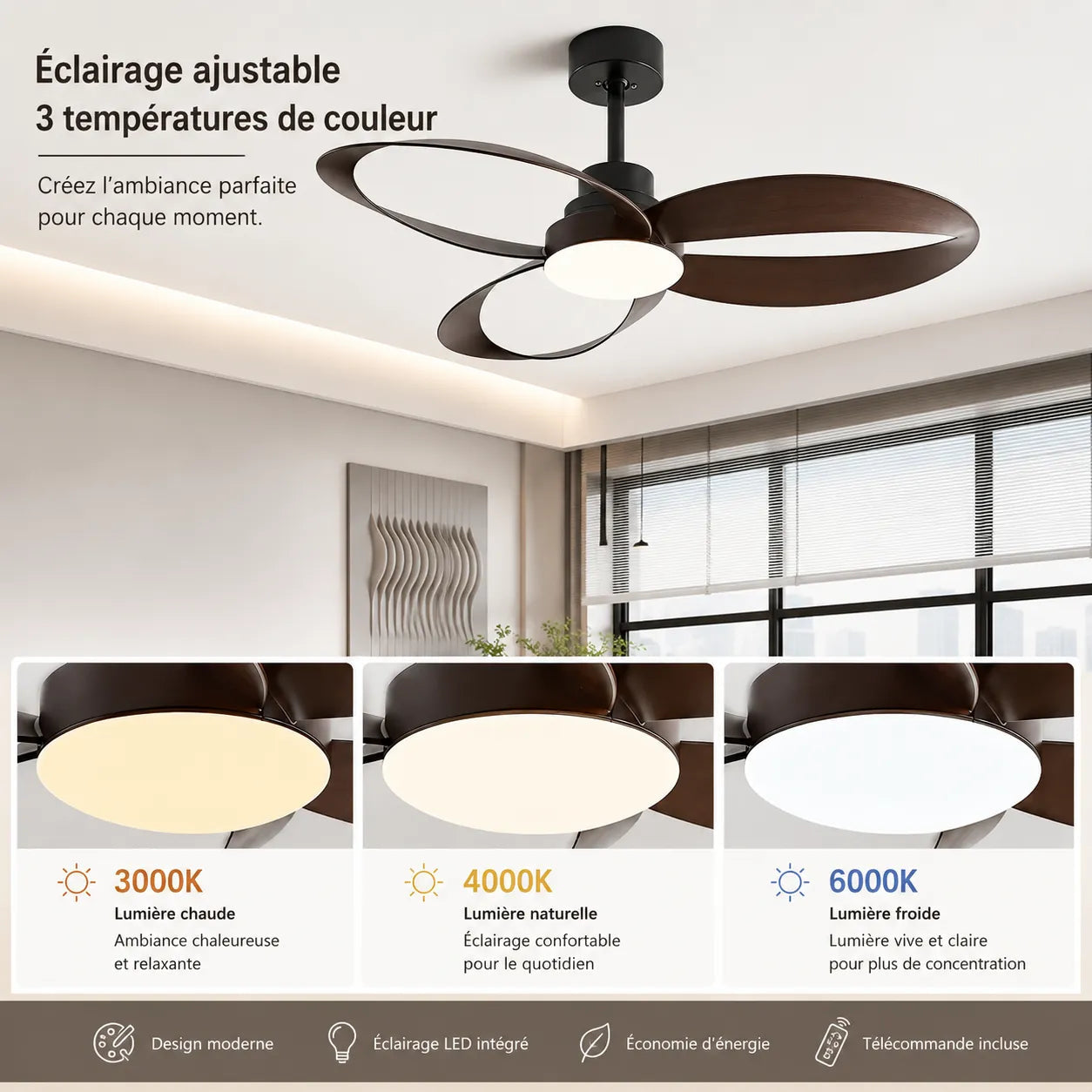 Ventilateur de Plafond LED Silencieux avec Pales en Bois