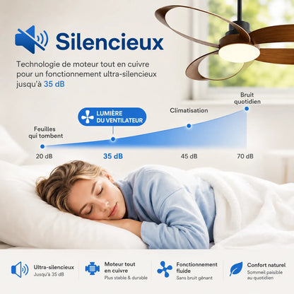 Ventilateur de Plafond LED Silencieux avec Pales en Bois