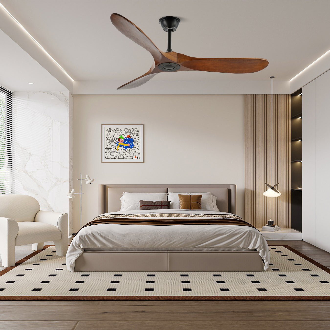 Ventilateur de Plafond en Bois Noyer – Silencieux, 6 Vitesses & Télécommande, Design Moderne