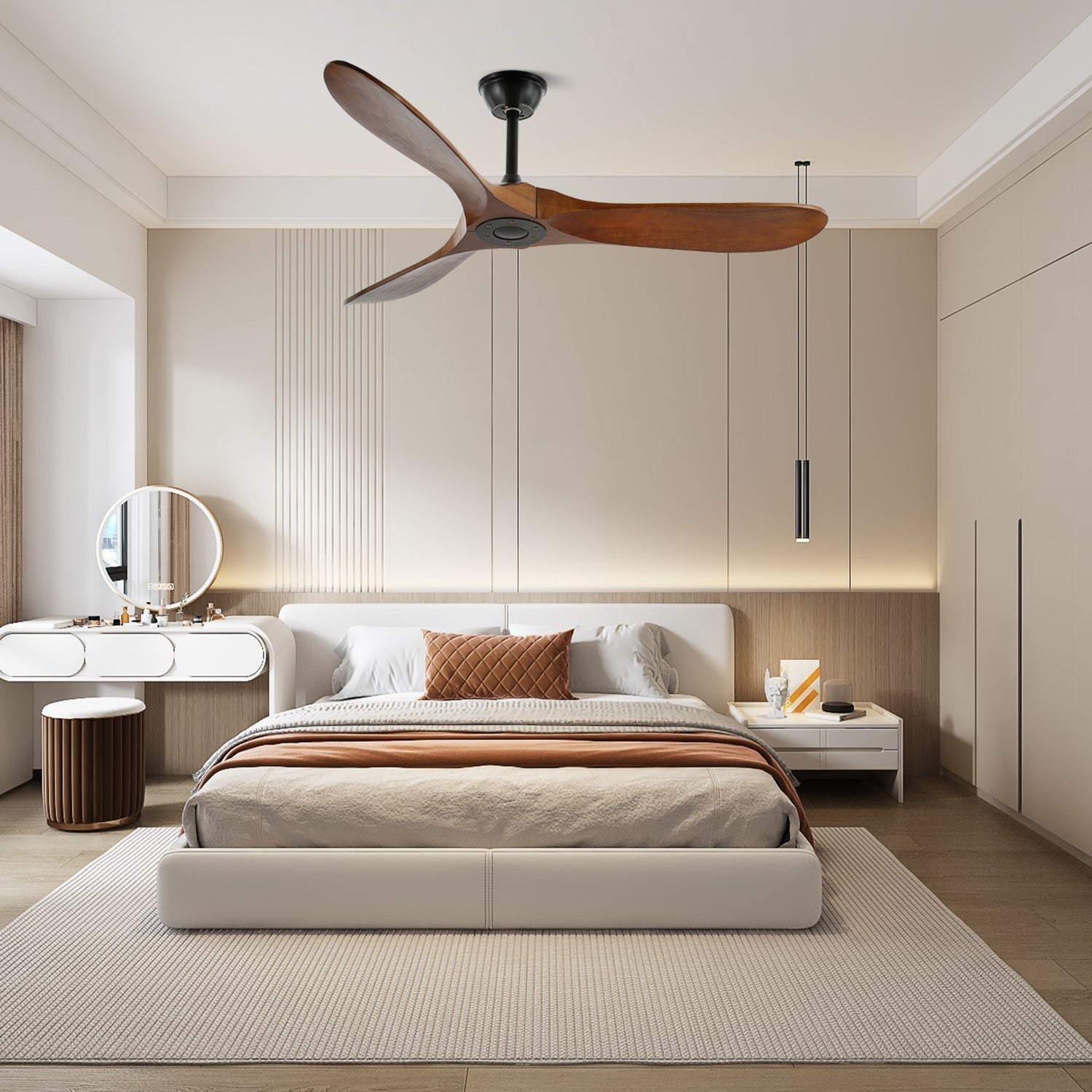 Ventilateur de Plafond en Bois Noyer – Silencieux, 6 Vitesses & Télécommande, Design Moderne