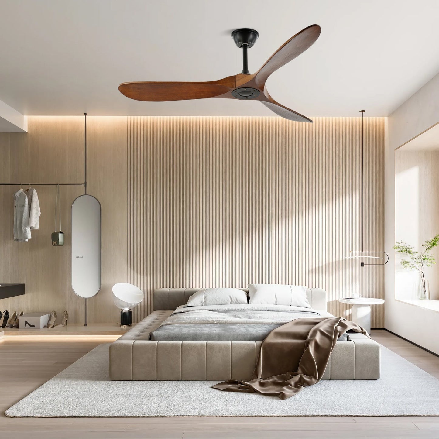Ventilateur de Plafond en Bois Noyer – Silencieux, 6 Vitesses & Télécommande, Design Moderne