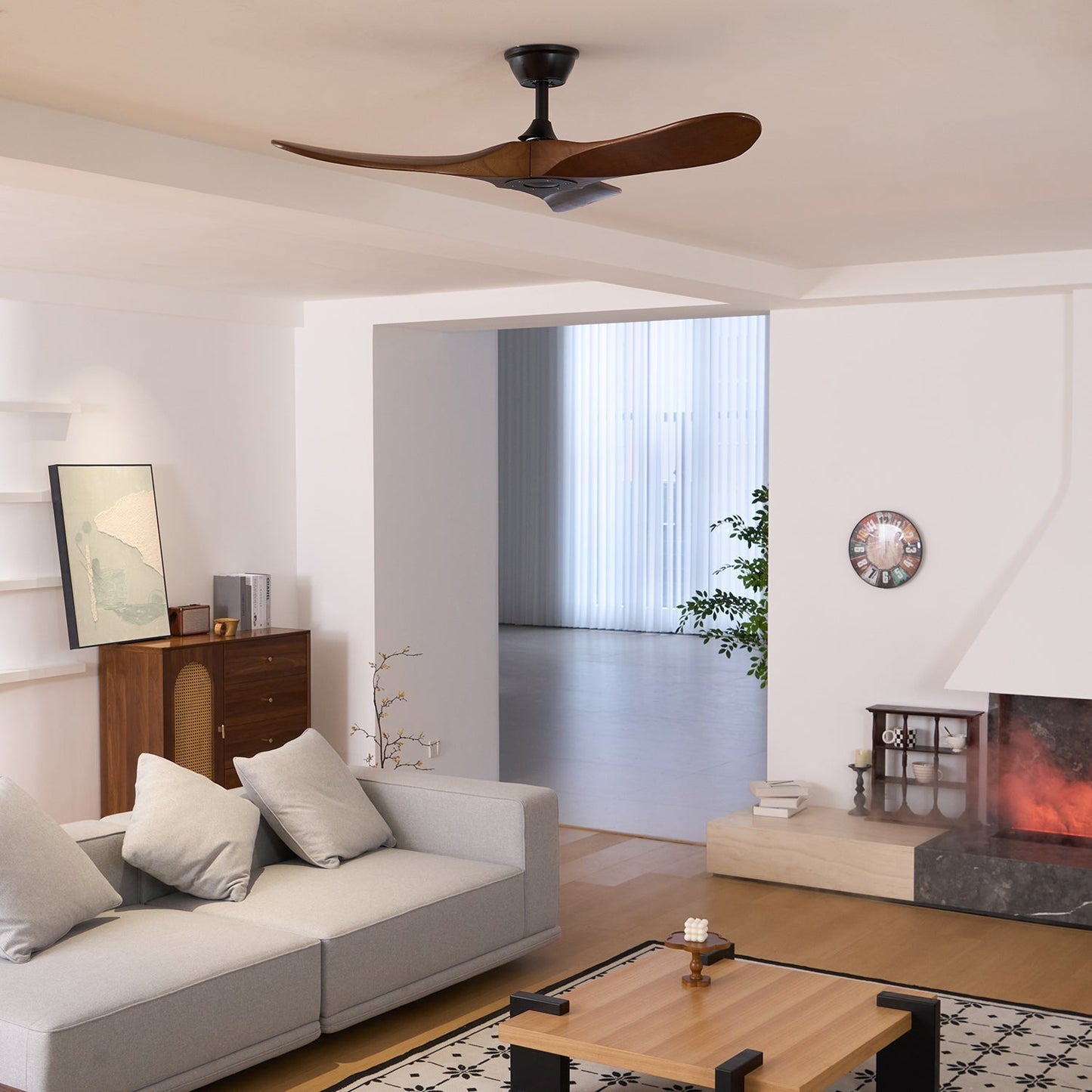 Ventilateur de Plafond en Bois Noyer – Silencieux, 6 Vitesses & Télécommande, Design Moderne