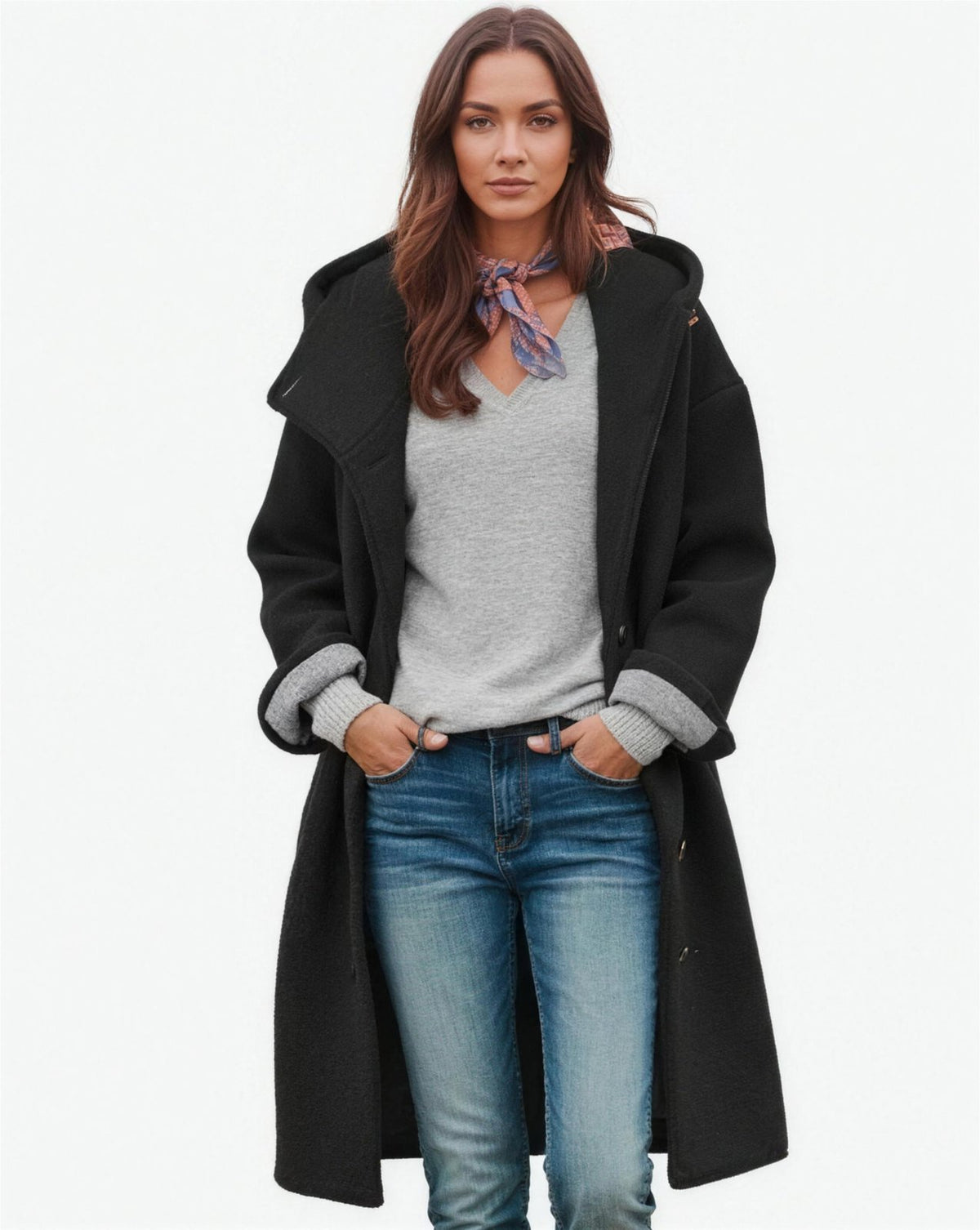 Manteau femme laine oversize capuche, coloris noir