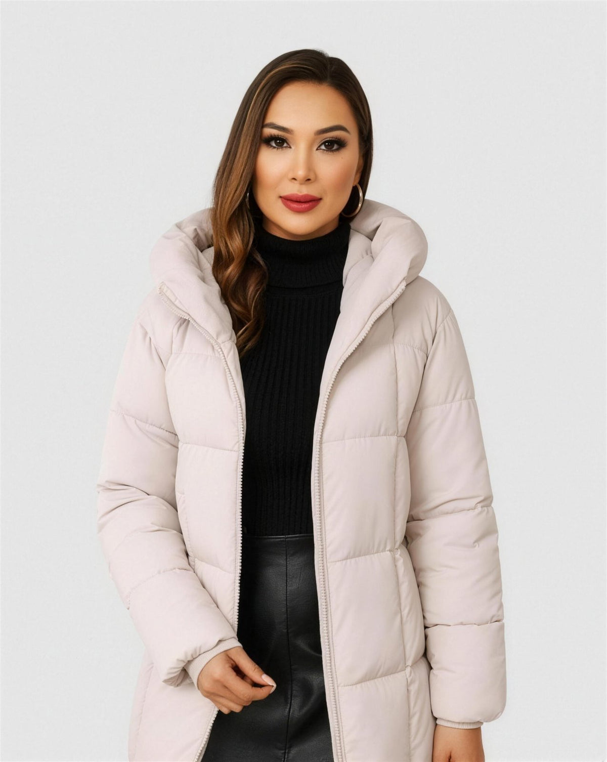 Manteau long matelassé femme capuche - beige