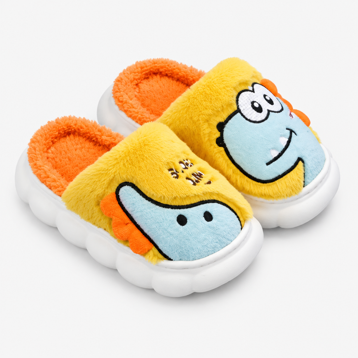 Chausson monstre jaune en peluche, vue de face, chausson d'hiver enfant