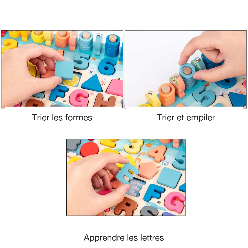 Détail des activités du plateau : tri des formes, empilage et lettres