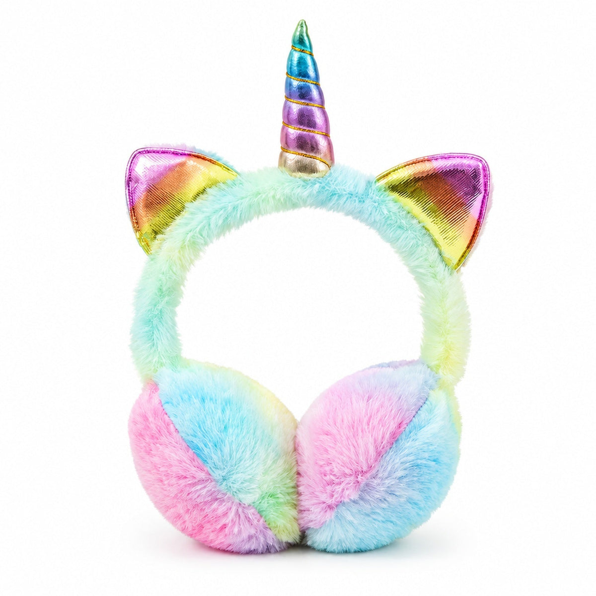 Cache-oreilles en peluche licorne oreilles de chat tie-dye multicolore, photo produit en studio sur fond blanc