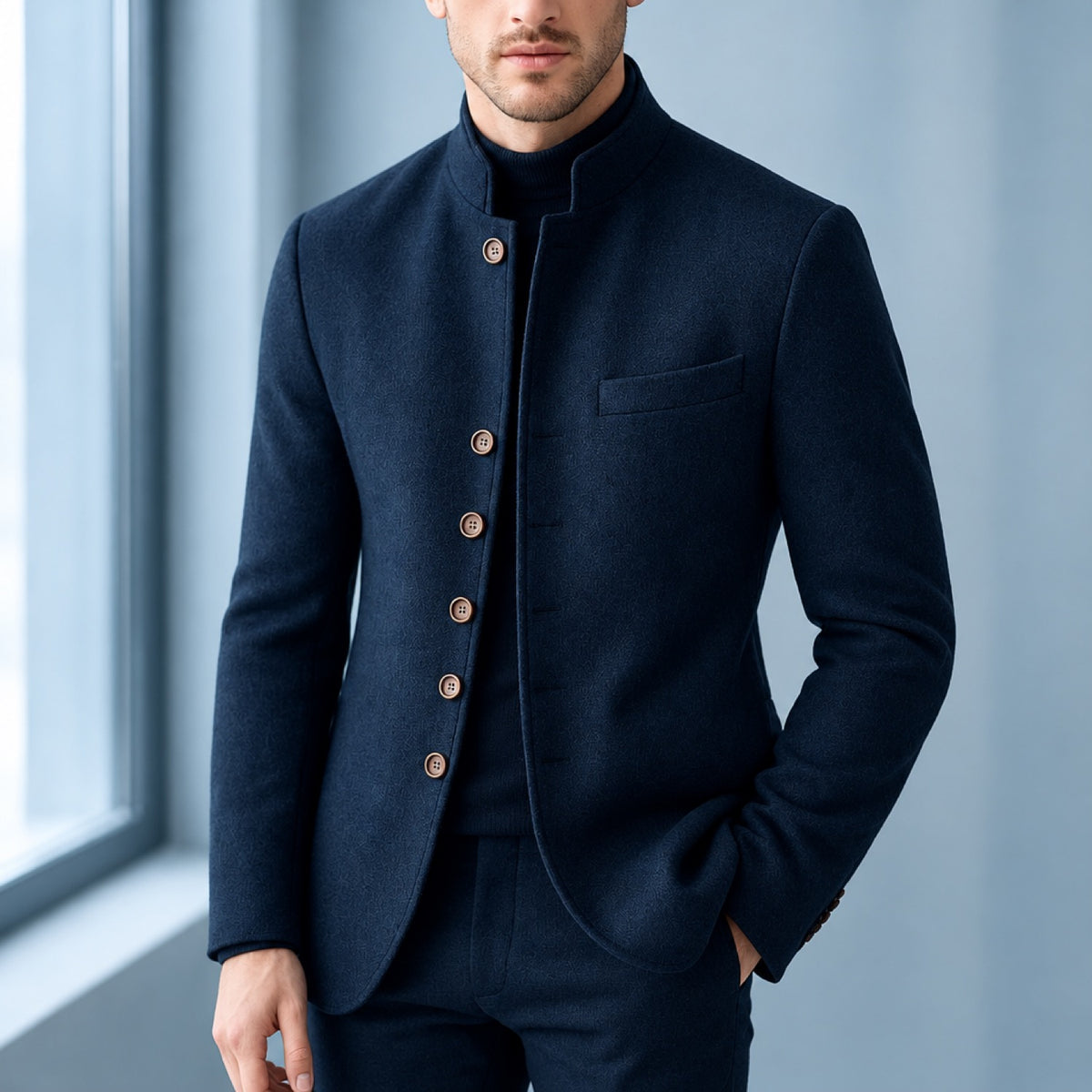 Veste homme bleu marine col mao portée, gros plan sur le tissu effet laine et la fermeture boutonnée