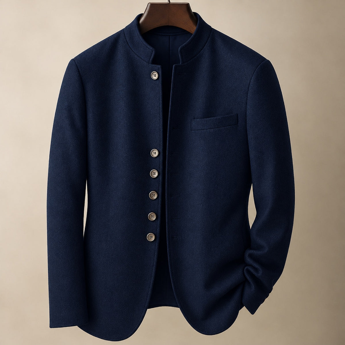 Veste homme bleu marine effet laine, col mao boutonné, vue de face sur cintre
