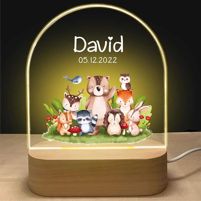 Veilleuse LED personnalisée pour enfant, motif Famille Animaux de la Forêt gravé sur acrylique