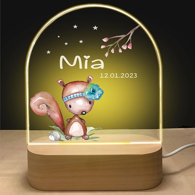 Veilleuse LED personnalisée pour enfant, motif Écureuil gravé sur acrylique