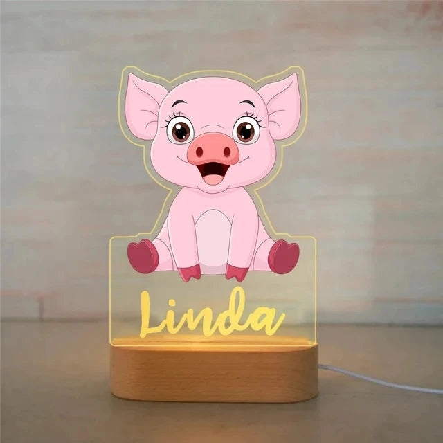 Veilleuse animaux de la savane personnalisée, motif Cochon avec prénom personnalisé